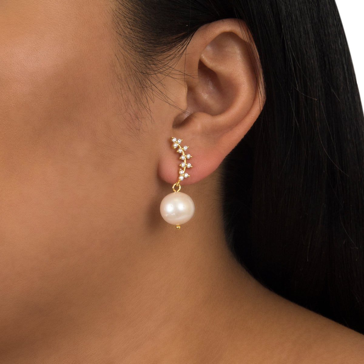 Vine Freshwater Pearl Drop Earrings - Gold