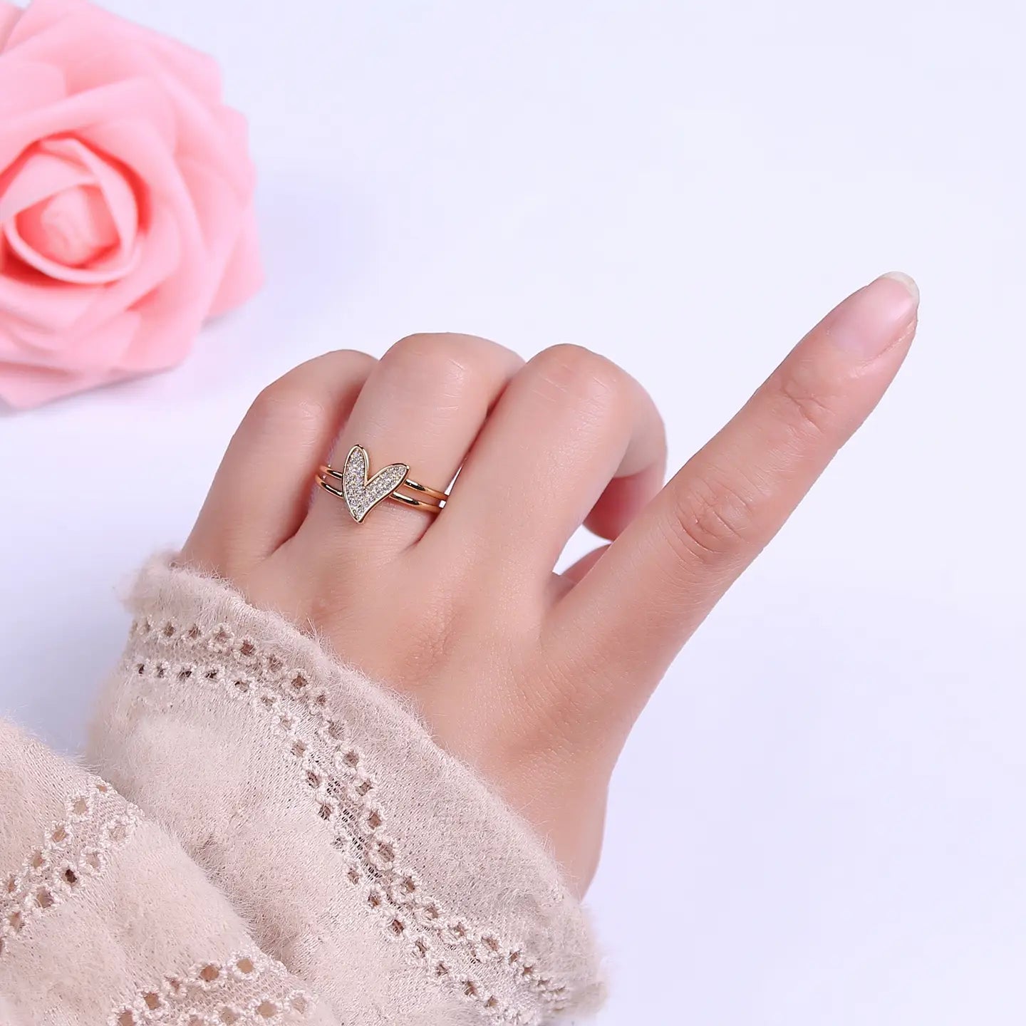Micropave Gold Daisy Heart Double Band Adjustable Ring