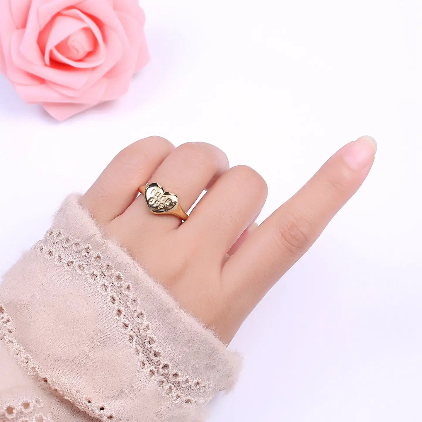 Gold Fuck Off Ring, Heart Shaped Signet