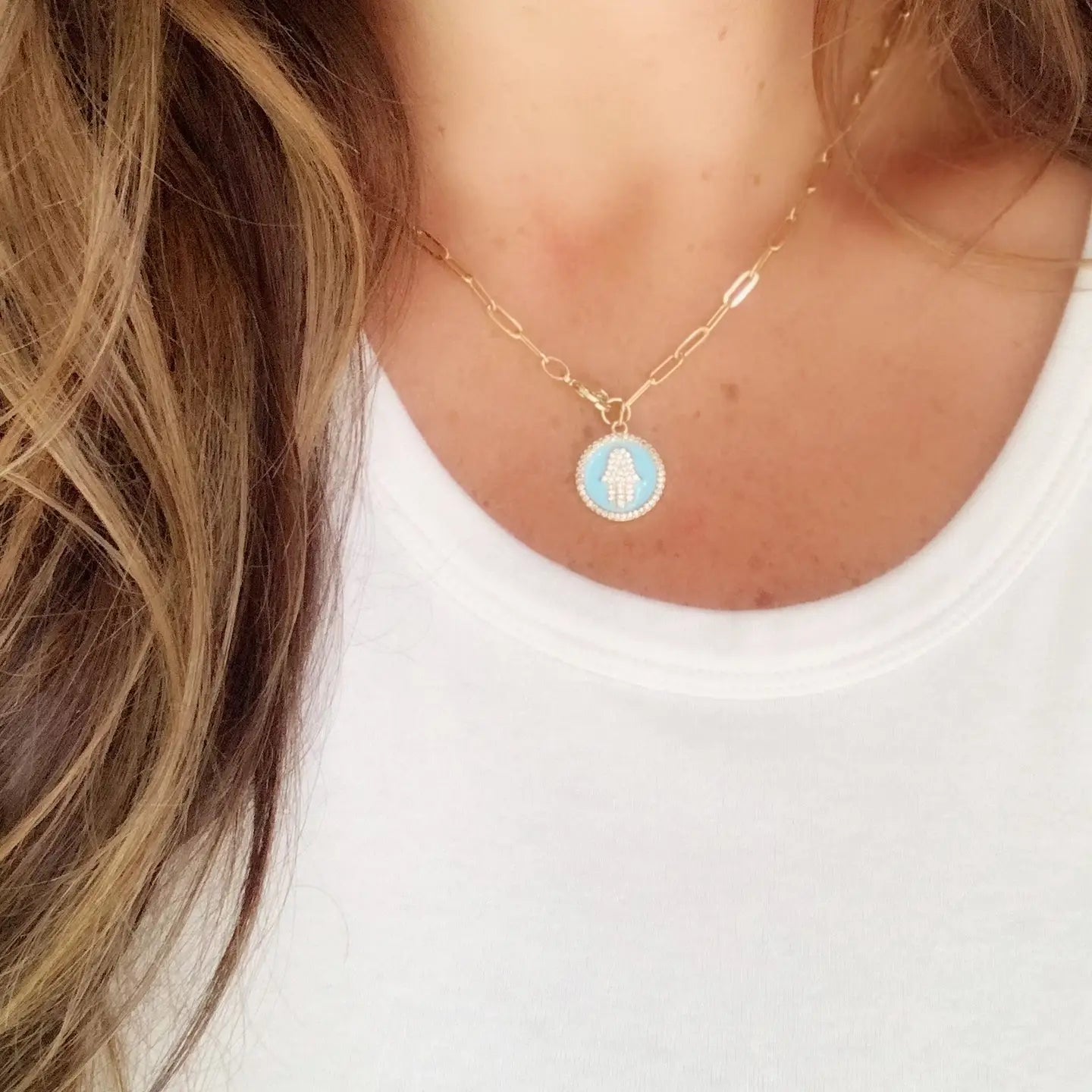 Hamsa Paperclip Chain Necklace Gold Filled