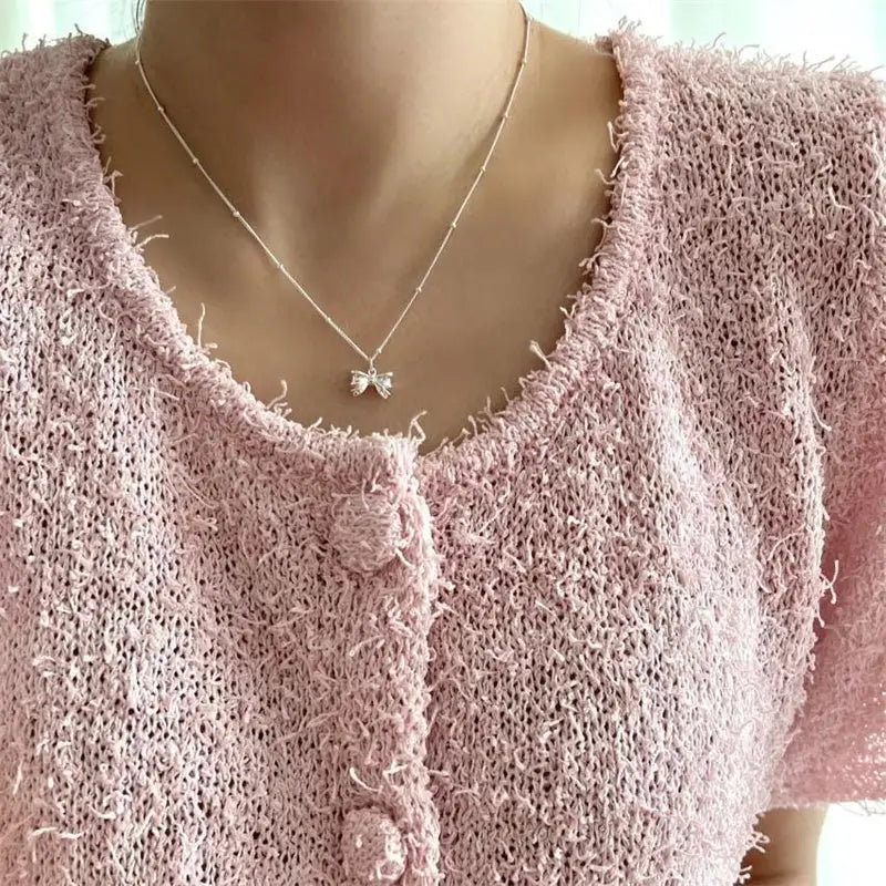 Dainty Bow Tie Bowknot Charm Necklace in Sterling Silver - Silver