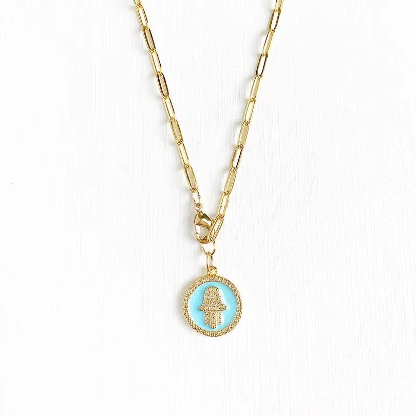Hamsa Paperclip Chain Necklace Gold Filled