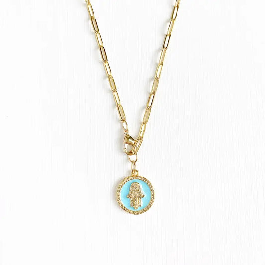 Hamsa Paperclip Chain Necklace Gold Filled