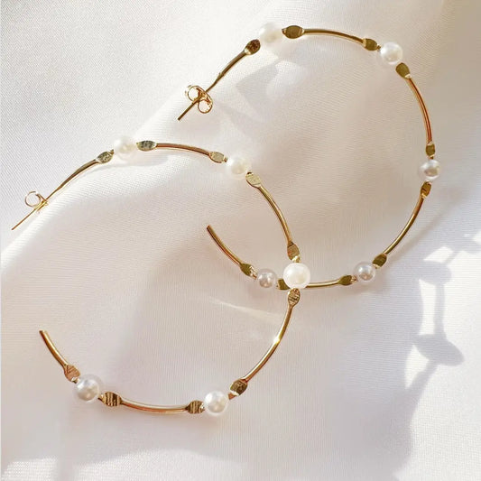 Saltwater Pearl Statement Hoops Earrings Gold Filled