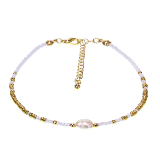 Seed Bead Anklet - White / Gold