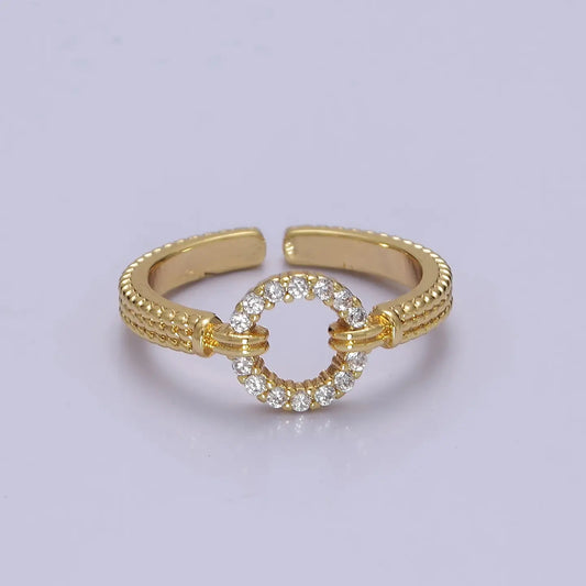 Micro Pave Geometric Round Shape Gold Open Ring