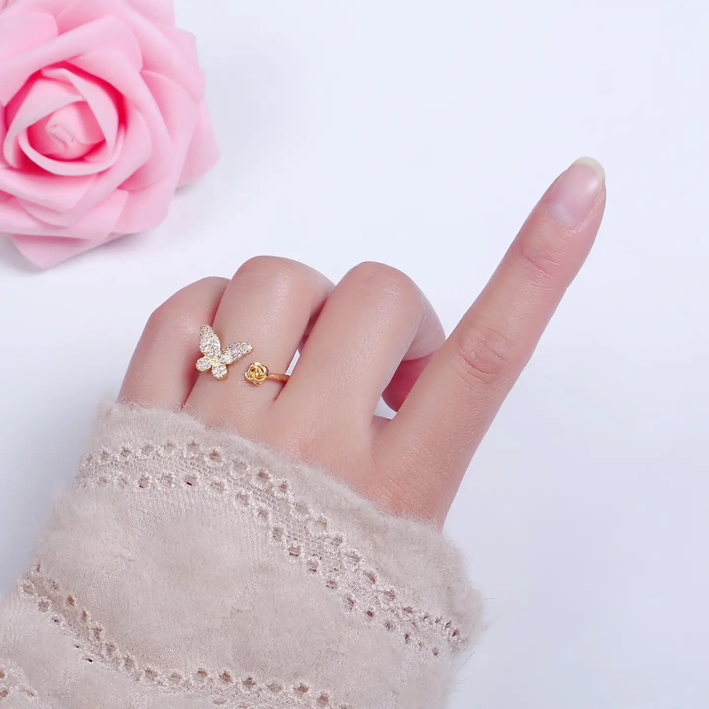 Cute Micro Pave Butterfly Gold Rose Adjustable Ring