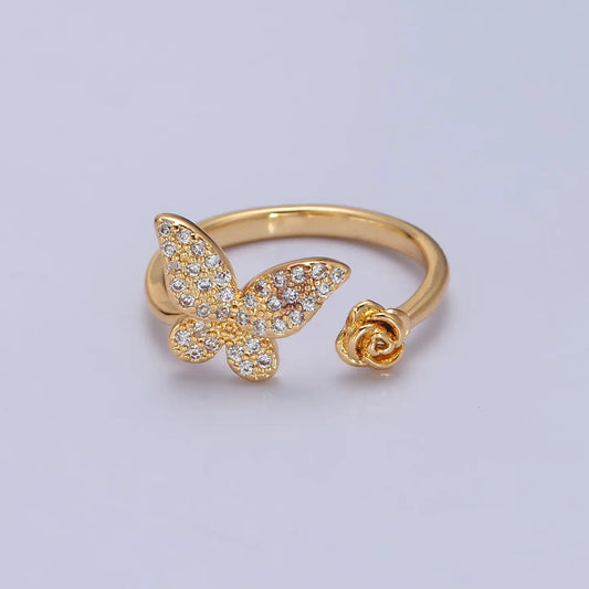 Cute Micro Pave Butterfly Gold Rose Adjustable Ring