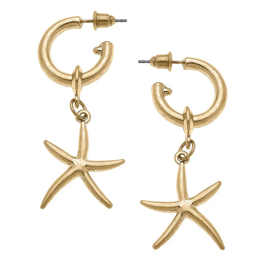 Starfish Drop Hoop Earrings - Worn Gold