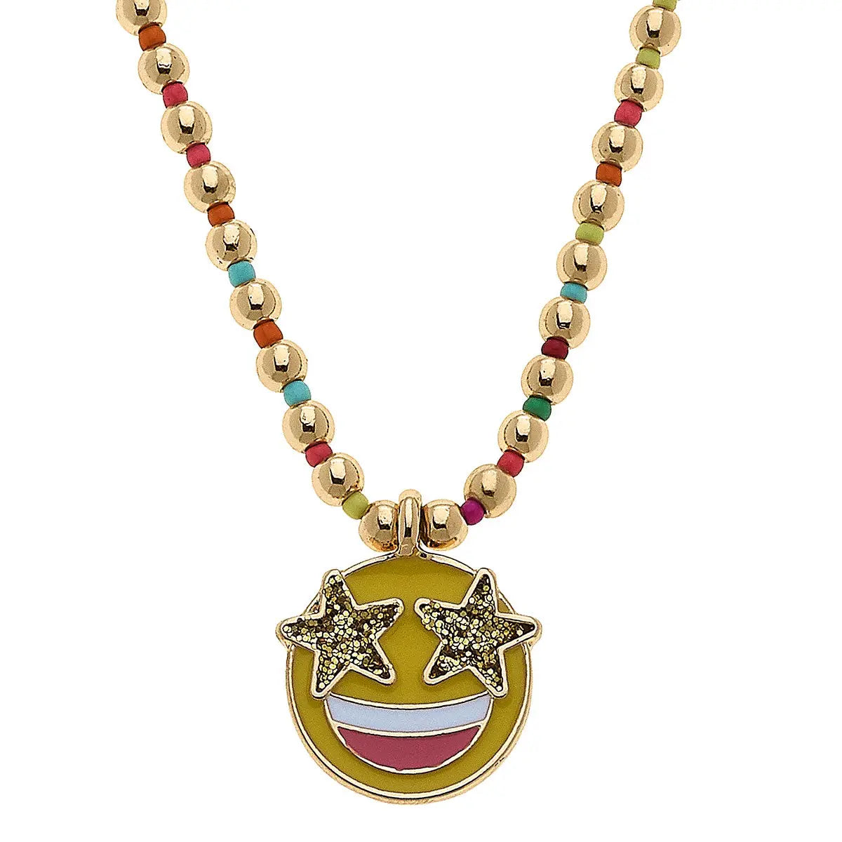 Jane Smiley Face Gold Ball Beaded Children's Necklace - Yellow