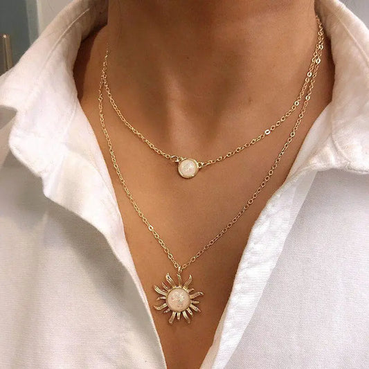 Gold Opal Sun Moon Layered Necklace Set in Solid Copper - Gold