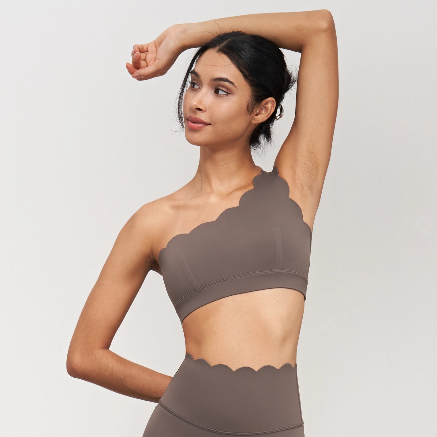 91 Helena Scalloped One Shoulder Sports Bra - Khaki Brown
