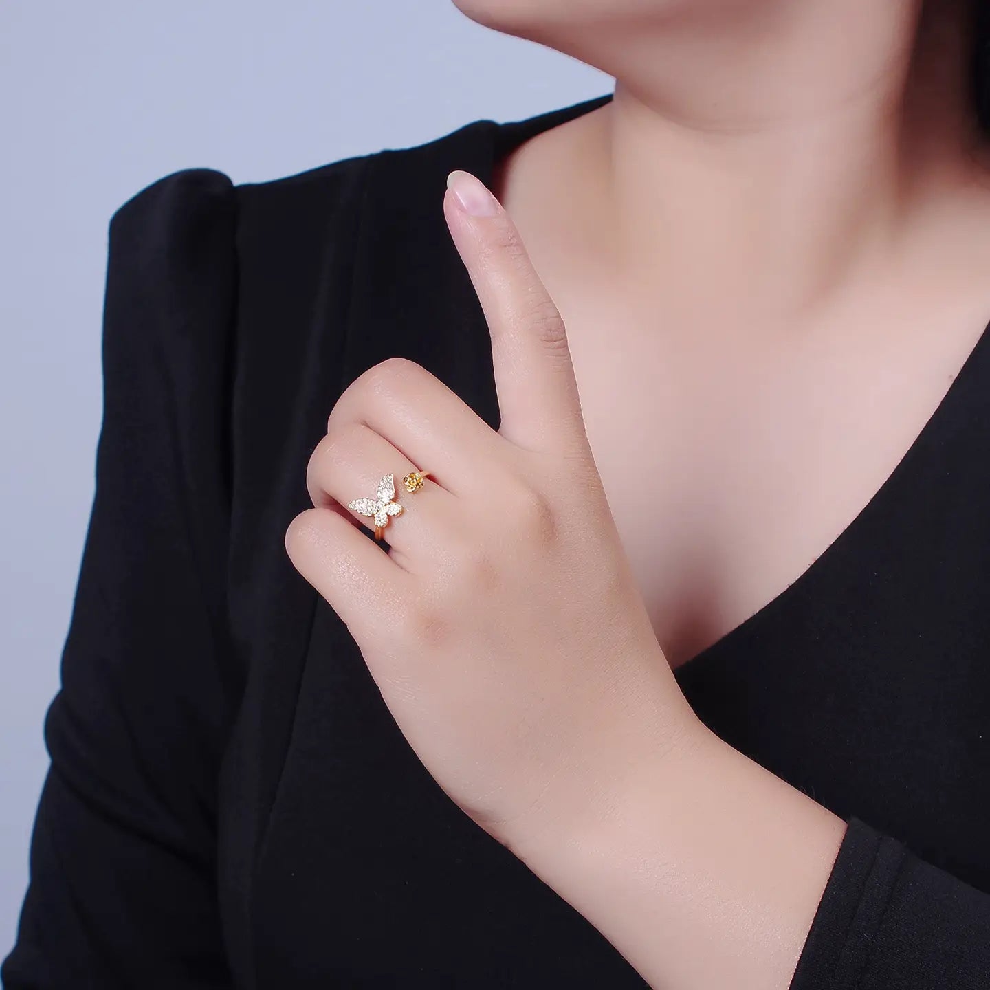 Cute Micro Pave Butterfly Gold Rose Adjustable Ring
