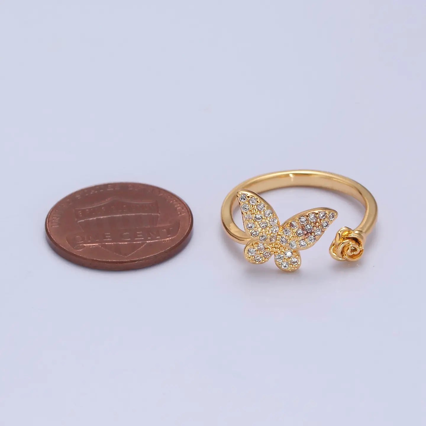 Cute Micro Pave Butterfly Gold Rose Adjustable Ring