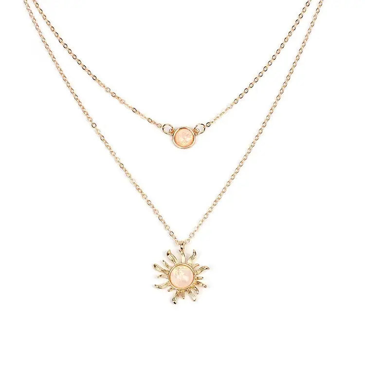 Gold Opal Sun Moon Layered Necklace Set in Solid Copper - Gold