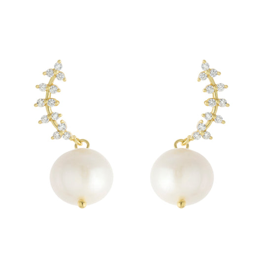 Vine Freshwater Pearl Drop Earrings - Gold
