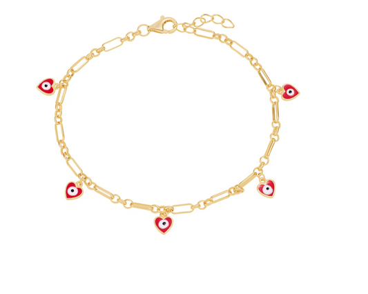 Multi Red Heart Guardian Eye Bracelet - Gold