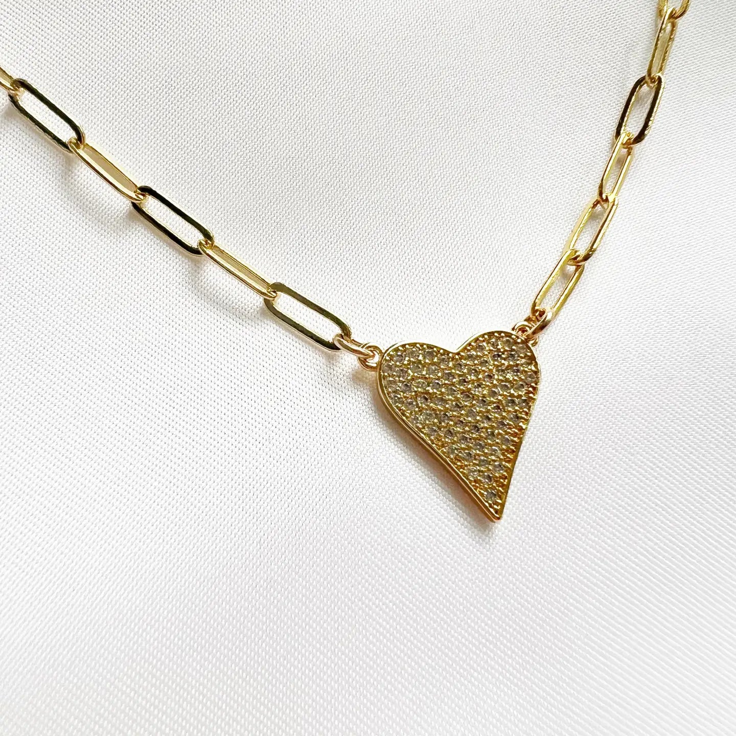 Stay True Pave Heart Paperclip Necklace Gold Filled