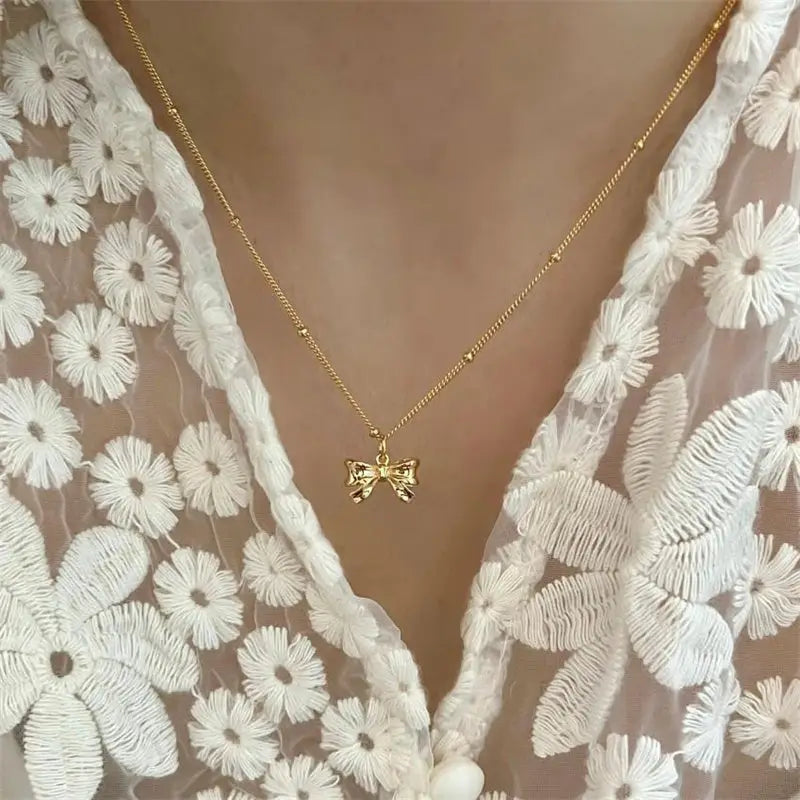 Dainty Bow Tie Bowknot Charm Necklace in Sterling Silver - Gold