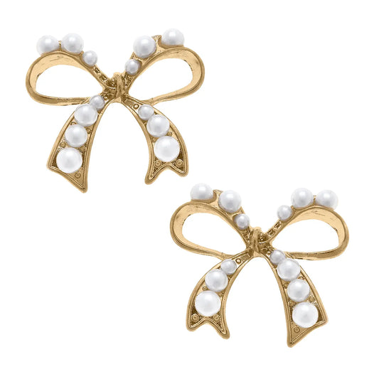 Harper Pearl-Studded Bow Stud Earrings - Ivory