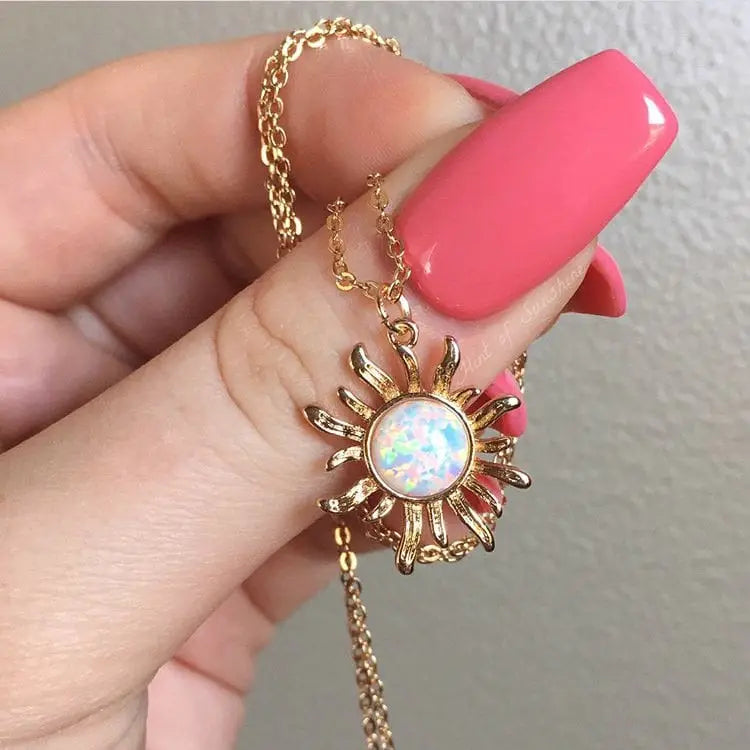 Gold Opal Sun Moon Layered Necklace Set in Solid Copper - Gold