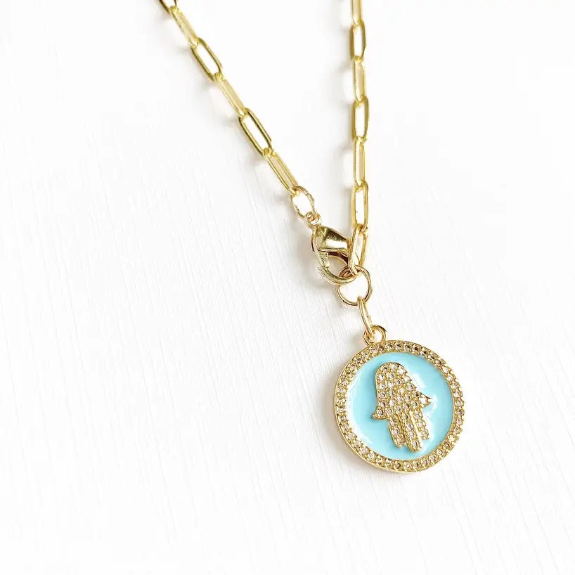 Hamsa Paperclip Chain Necklace Gold Filled