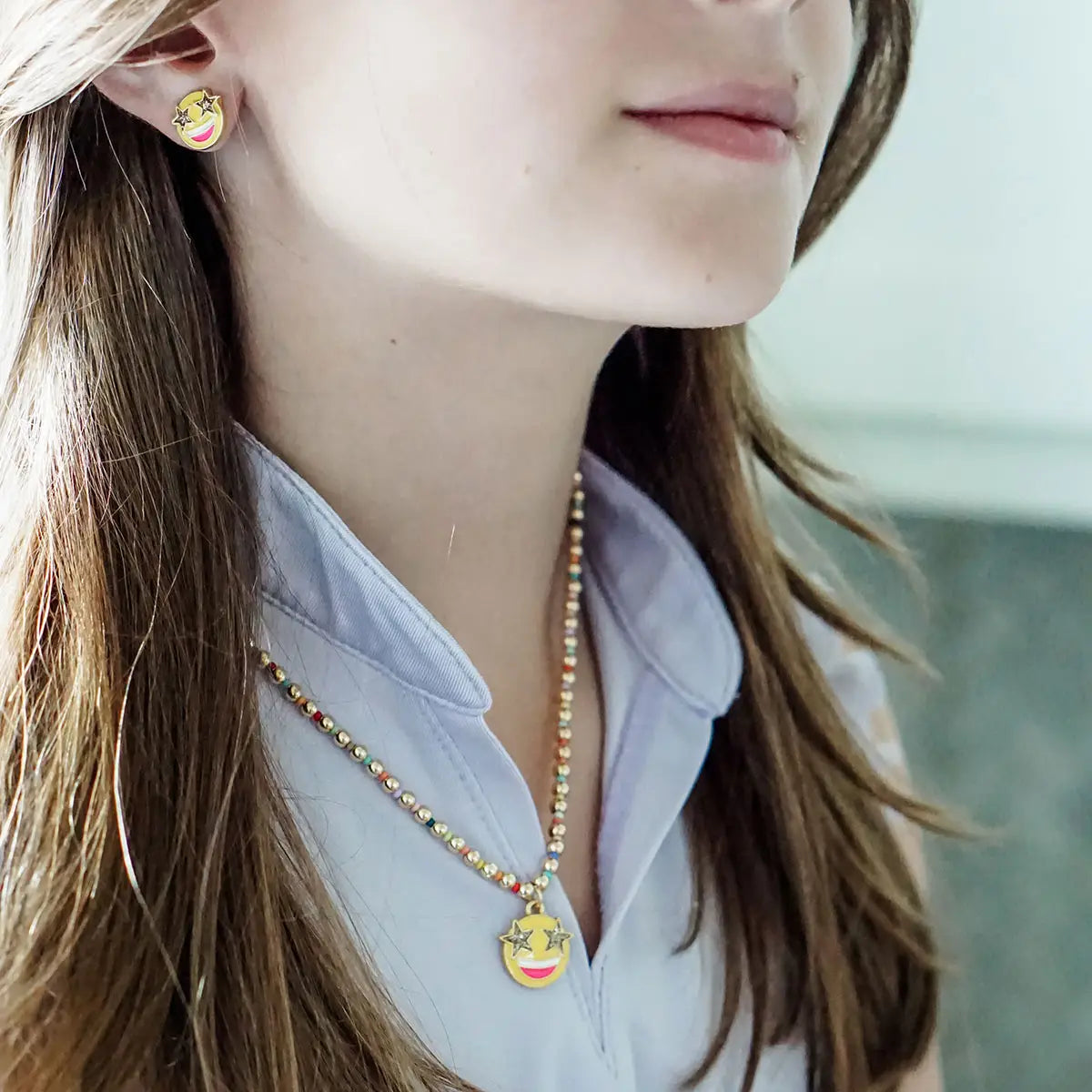 Jane Smiley Face Gold Ball Beaded Children's Necklace - Yellow
