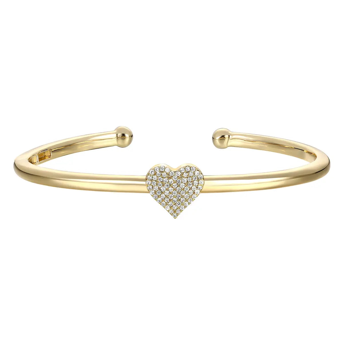 14k Gold Plated with Cubic Zirconia Heart Pave Open Cuff Bangle Bracelet - Gold