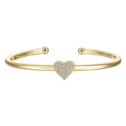 14k Gold Plated with Cubic Zirconia Heart Pave Open Cuff Bangle Bracelet - Gold