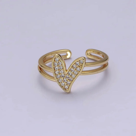 Micropave Gold Daisy Heart Double Band Adjustable Ring