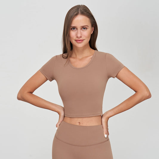 91 Stella Lycra® Crew Neck Active Crop Top - Frappuccino